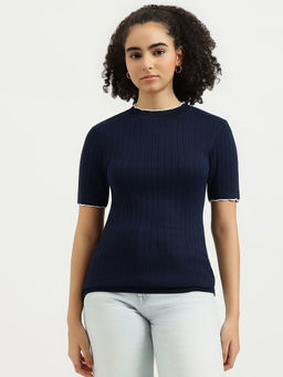 United Colors of Benetton - Women Navy Blue Scalloped Trim Ribbed Lettuce Hem Sweater