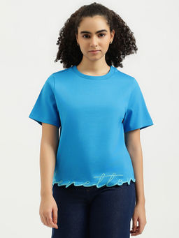 United Colors of Benetton - Women Blue Round Neck Solid Hem Branding T-shirt