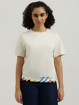 United Colors of Benetton - Women Off White Round Neck Solid Hem Branding T-shirt