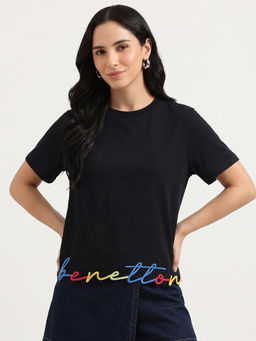 United Colors of Benetton - Women Black Round Neck Solid Hem Branding T-shirt