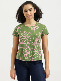 United Colors of Benetton - Women Green Round Neck Abstract Printed T-shirt