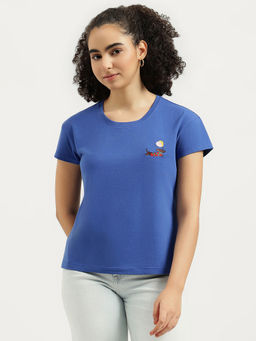 United Colors of Benetton - Women Blue Round Neck Embroidered T-shirt