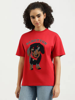 United Colors of Benetton - Women Red Round Neck Self Design T-shirt