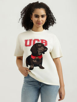 United Colors of Benetton - Women Off White Round Neck Self Design T-shirt