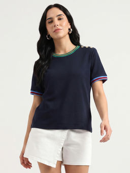United Colors of Benetton - Women Navy Blue Solid Half Sleeves T-shirt