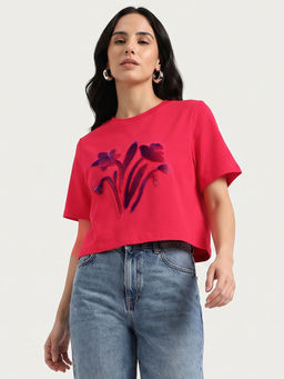 United Colors of Benetton - Women Pink Floral Plutch Half Sleeves T-shirt