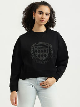 United Colors of Benetton - Women Black Round Neck Printed Emblem Sweatshirt