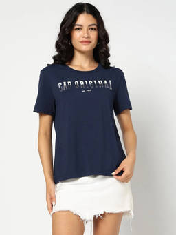 GAP - Women Navy Blue Text Logo Round Neck T-shirt