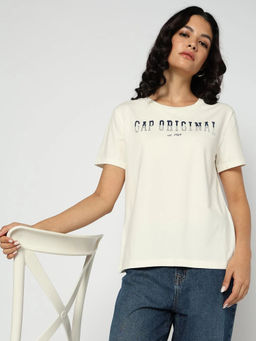 GAP - Women Off White Text Logo Round Neck T-shirt