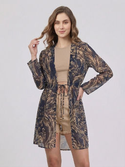 ANVI Be Yourself - Women Navy Blue Floral Printed Georgette Tie-Ups Shrug