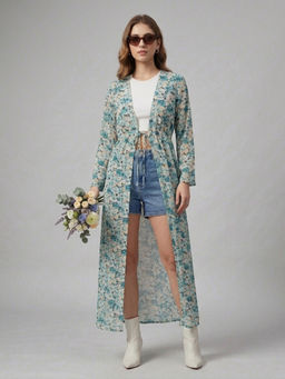 ANVI Be Yourself - Women Floral Printed Sea Green Tie-Ups Longline Shrug
