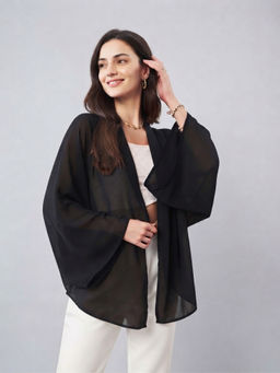 ANVI Be Yourself - Women Black Solid Georgette Open Front Kimono Shrug