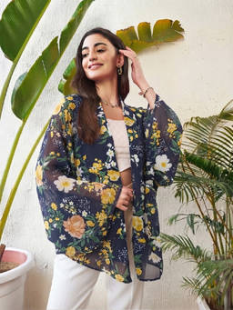 ANVI Be Yourself - Women Navy Blue Floral Printed Georgette Open Front Kimono Shrug