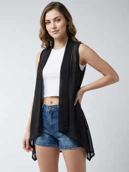 ANVI Be Yourself - Women Black Solid Sleeveless Sheer Georgette Open Front Shrug