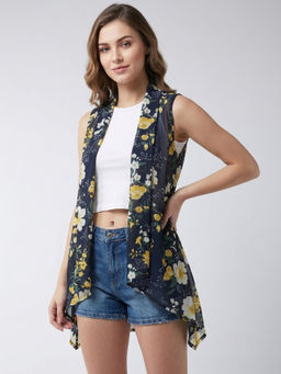 ANVI Be Yourself - Women Navy Blue Floral Printed Sleeveless Open Front Shrug