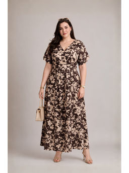 Virgio - Women Brown Floral Printed Viscose Dress