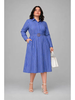 Virgio - Women Blue Striped Cotton Shirt Style Dress with Belt