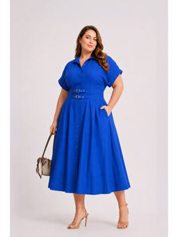 Virgio - Women Blue Solid Cotton Attached Double Belted Shirt Dress