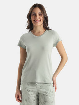 Jockey - Women Rx12 Micro Cotton Relaxed Fit Solid V Neck T-shirt- Green