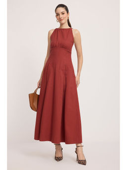 Virgio - Women Rust Solid Cotton Back Tie-Up Maxi Dress