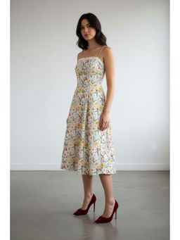 Virgio - Women Off White Floral Printed Lace Trim Strap Dress