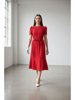 Virgio - Women Red Cotton Lace Insert Panel Midi Dress with Belt