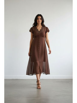 Virgio - Women Brown Viscose Embroidered Dress with Slip