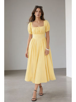 Virgio - Women Yellow Solid Cotton Puff Sleeves Dress
