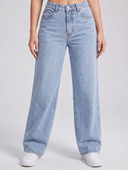 MIXT by Nykaa Fashion - Women Light Blue High Waist Stretchable Denim Straight Fit Jeans