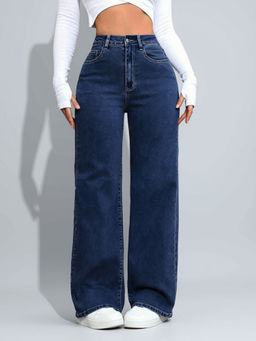 MIXT by Nykaa Fashion - Women Navy Blue High Waist Stretchable Denim Straight Fit Jeans