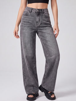 MIXT by Nykaa Fashion - Women Grey High Waist Stretchable Denim Straight Fit Jeans