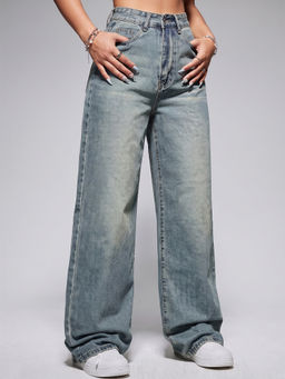 MIXT by Nykaa Fashion - Women Light Blue High Waist Stretchable Denim Wide Fit Jeans