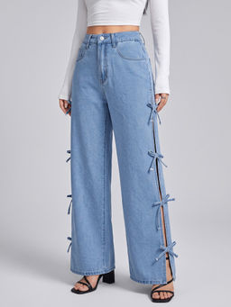 MIXT by Nykaa Fashion - Women Light Blue Bow Tie Side and Slit Hem Wide Leg Jeans