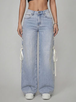 MIXT by Nykaa Fashion - Women Light Blue Ribbon Tie Side Wide Leg Jeans