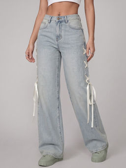 MIXT by Nykaa Fashion - Women Ultra Light Blue Ribbon Tie Side Wide Leg Jeans