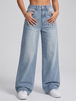 MIXT by Nykaa Fashion - Women Light Blue Solid Wide Leg Jeans