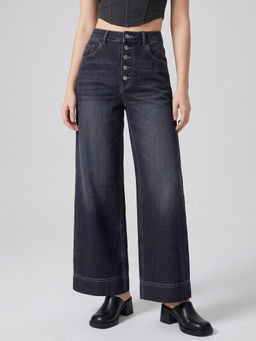 MIXT by Nykaa Fashion - Women Charcoal High Waist Stretchable Wide Leg Jeans