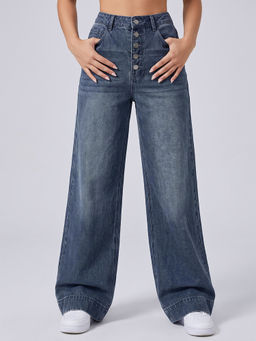 MIXT by Nykaa Fashion - Women Vintage Blue High Waist Stretchable Wide Leg Jeans