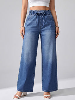 MIXT by Nykaa Fashion - Women Blue High Waist Stretchable Denim Wide Leg Jeans