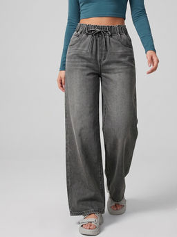 MIXT by Nykaa Fashion - Women Grey High Waist Stretchable Denim Wide Leg Jeans