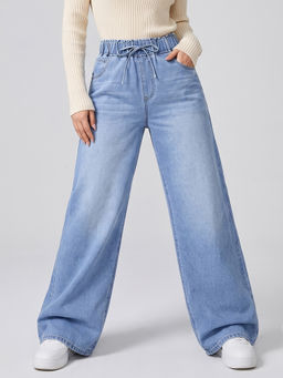 MIXT by Nykaa Fashion - Women Light Blue High Waist Stretchable Denim Wide Leg Jeans
