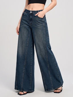 MIXT by Nykaa Fashion - Women Navy Blue High Waist Stretchable Vintage Wash Denim Jeans