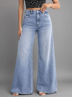 MIXT by Nykaa Fashion - Women Light Blue Solid Wide Leg Jeans