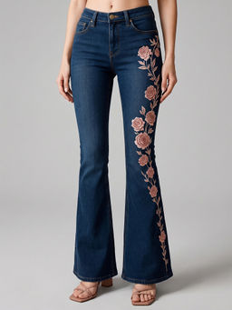 MIXT by Nykaa Fashion - Women Dark Blue Denim Embroidered Boot Cut Jeans
