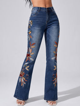 MIXT by Nykaa Fashion - Women Blue Denim Embroidered Boot Cut Jeans