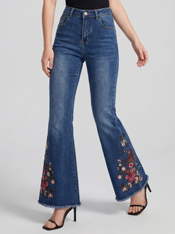 MIXT by Nykaa Fashion - Women Blue Denim Embroidered Boot Cut Jeans