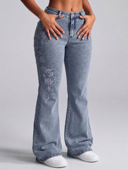 MIXT by Nykaa Fashion - Women Light Blue Denim Embroidered Boot Cut Jeans