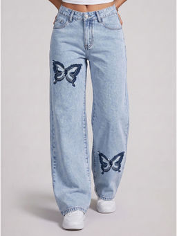 MIXT by Nykaa Fashion - Women Light Blue Straight Fit Embroidered Jeans