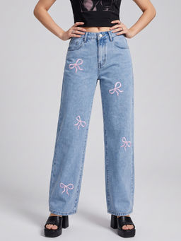 MIXT by Nykaa Fashion - Women Blue Straight Fit Bow Embroidered Jeans