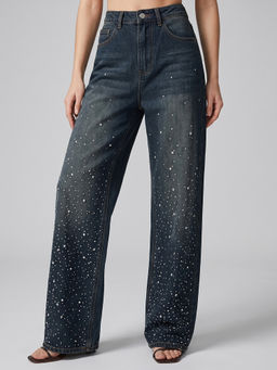 MIXT by Nykaa Fashion - Women Navy Blue Relaxed Fit Embellished Jeans